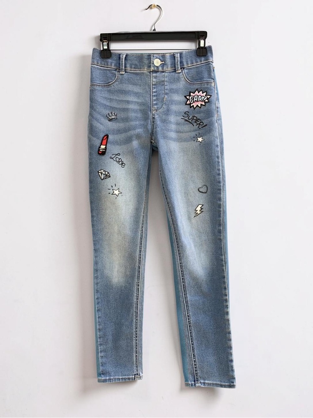 Girls Jeggings L 10-12 Light Wash Graphic Patch Skinny Jeans